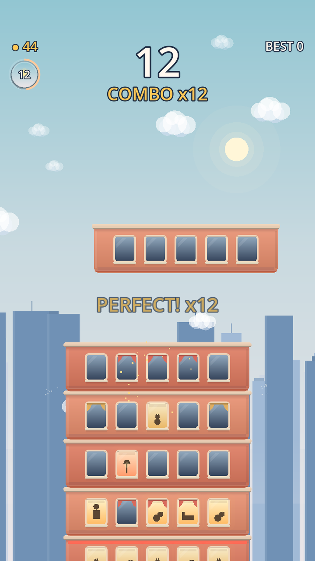 Gameplay screenshot: a swinging floor about to be dropped onto a tower, with a PERFECT x12 combo streak