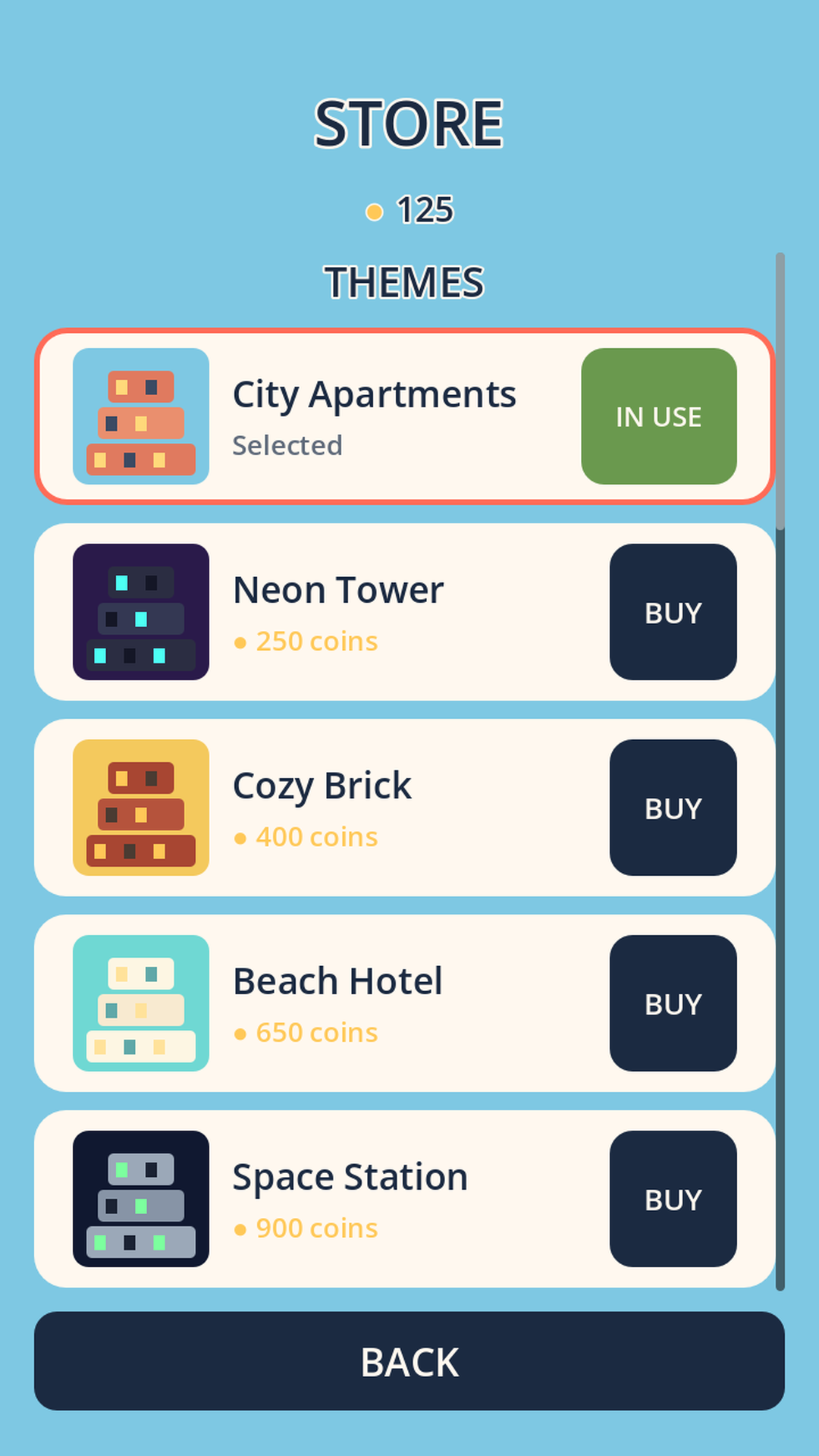 Store screenshot showing unlockable tower themes: Neon Tower, Cozy Brick, Beach Hotel and Space Station